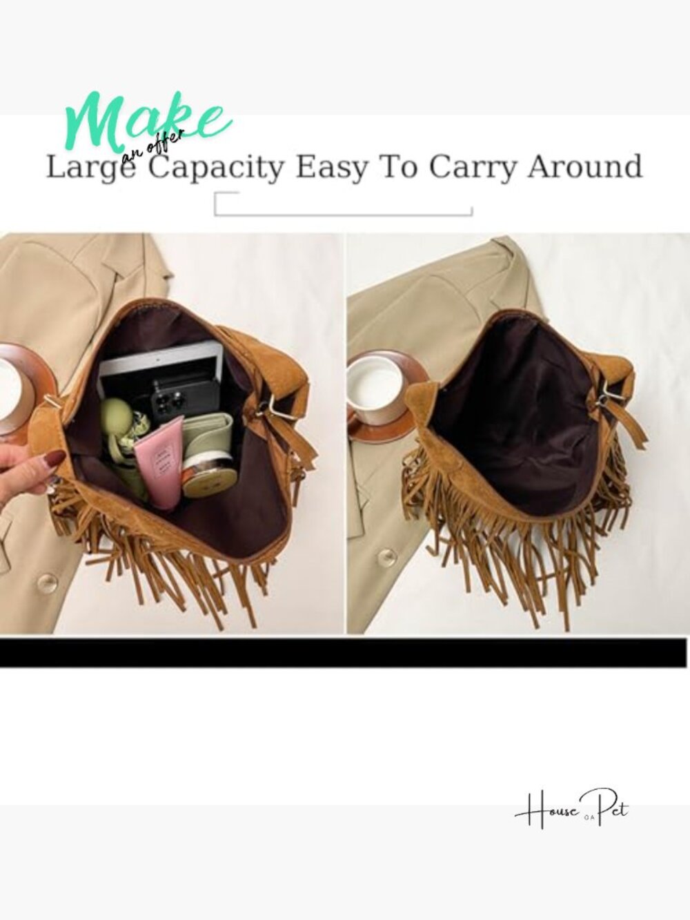 Vintage Vegan Suede Fringe Hobo Bag Crossbody Adjustable Strap Tassel Purse - Picture 5 of 7